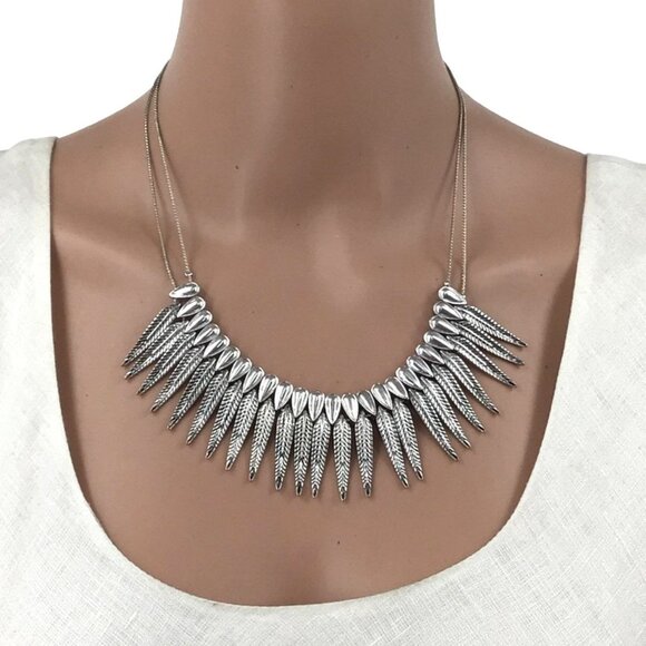 Tribal Feather Statement Necklace Silver Tone Adjustable Length - Picture 1 of 2